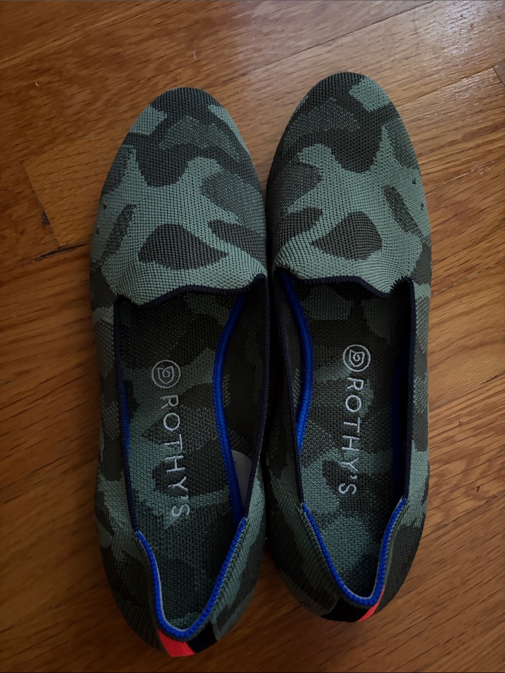 Rothy's Green Camo Knit Slip-Ons with Blue Trim